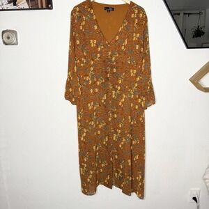 Suzanne Betro Women's 4X Dress Orange Floral Boho Long Bell Sleeve Button‎ Front
